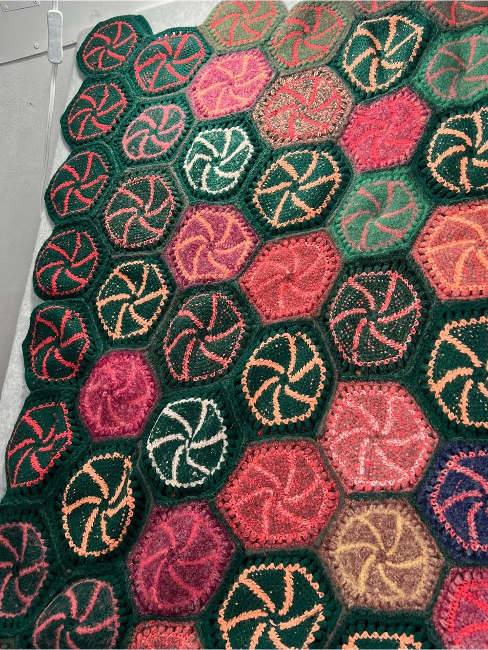 Handmade Multicolor Hexagon Crochet Throw - Green & Pink Accents candy swirl